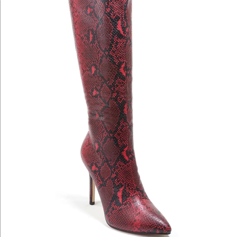 Burgundy Leather Rosah Snake Print Knee High Stiletto Boot